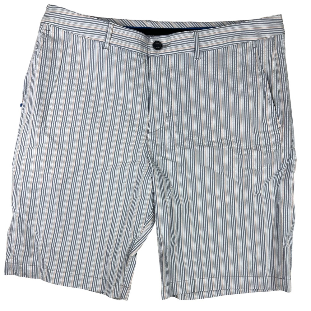 Tommy Bahama Mens Seersucker Striped Shorts Blue White Orange Size 36 Stretch